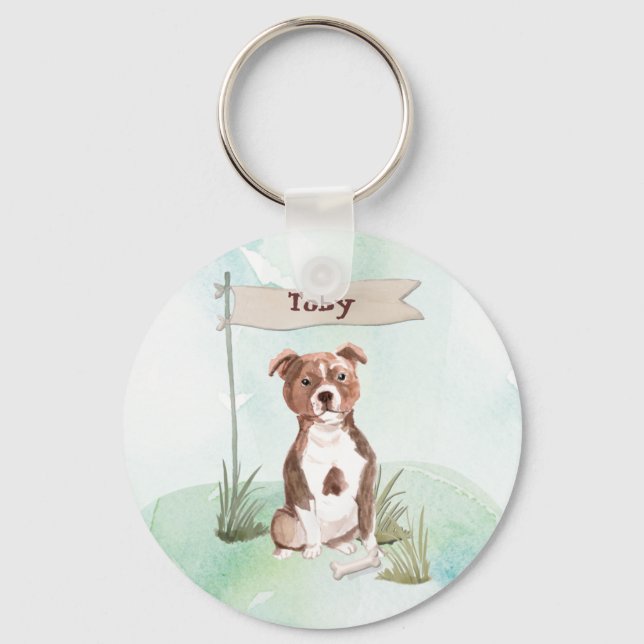Custom Name Staffordshire Bull Terrier Pet Dog Key Ring (Front)