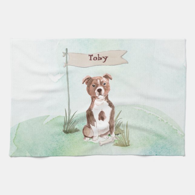 Custom Name Staffordshire Bull Terrier Pet Dog Tea Towel (Horizontal)