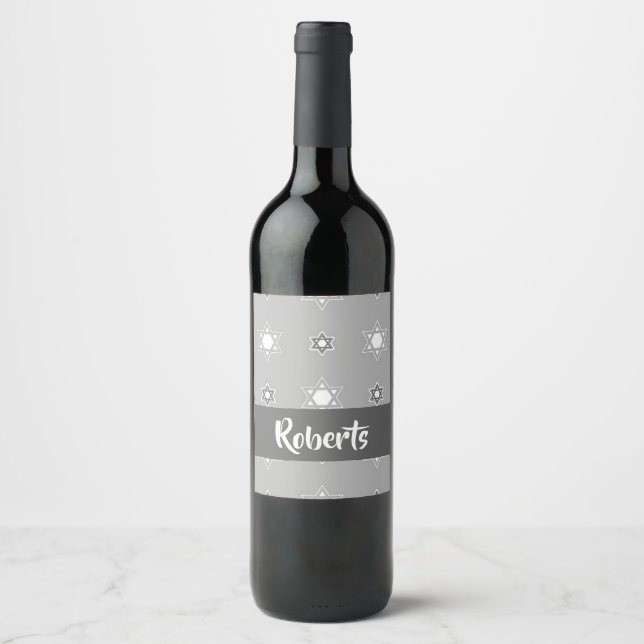 Custom name star of David grey pattern Wine Label (Front)