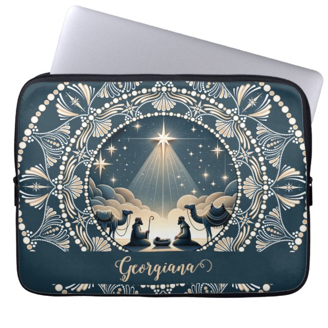 Custom Name Star of Wonder Nativity Dot Mandala Laptop Sleeve (Front)