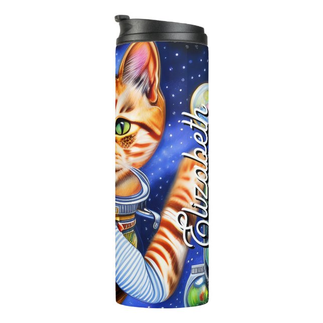Custom Name Starry Night Retro Astronaut Cat Thermal Tumbler (Rotated Right)