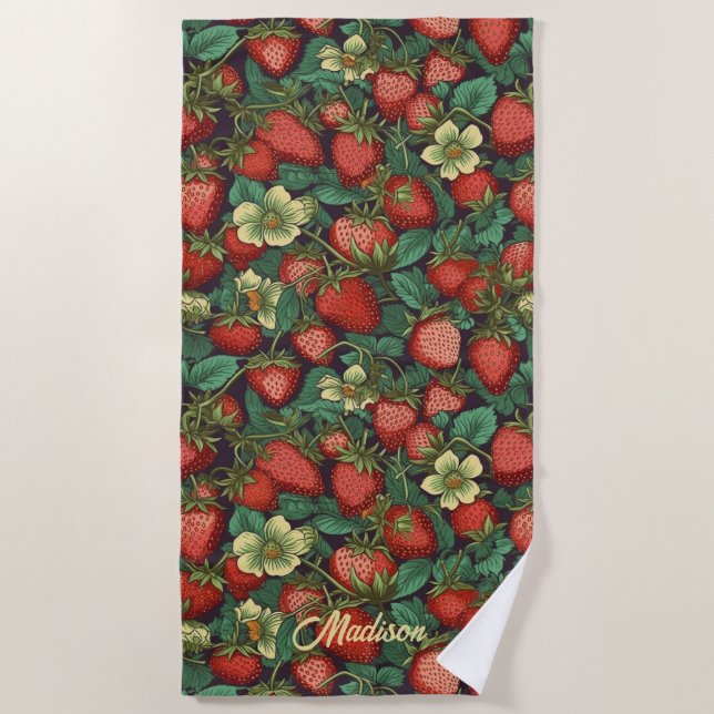 Custom Name Strawberry Pattern Beach Towel (Front)