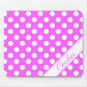 Custom Name Striking Pink Big White Polka Dots Mouse Mat