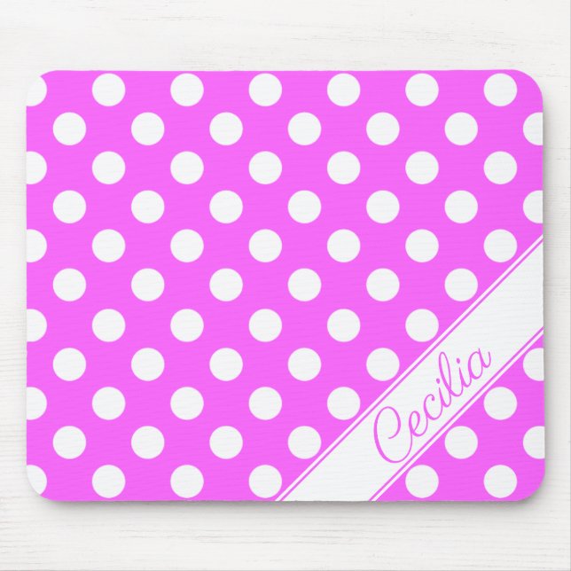Custom Name Striking Pink Big White Polka Dots Mouse Mat (Front)