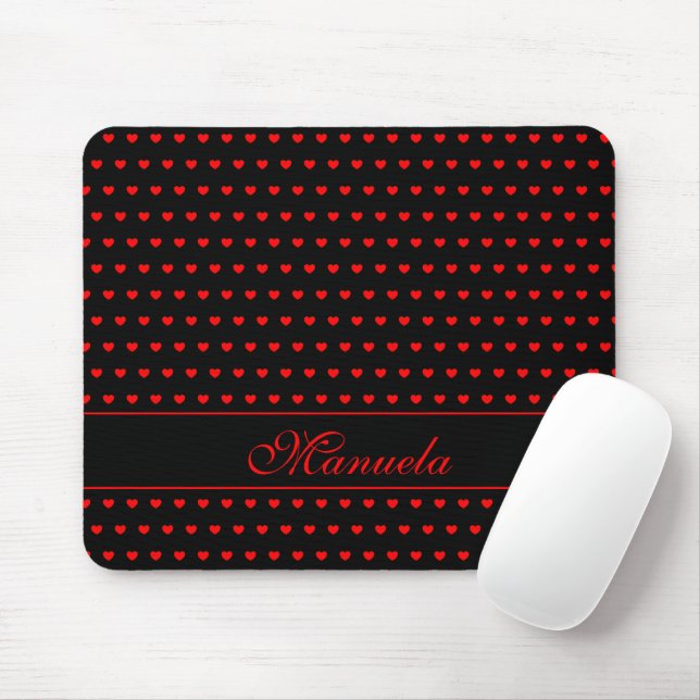 Custom Name - Striking Red Hearts Pattern On Black Mouse Mat (With Mouse)