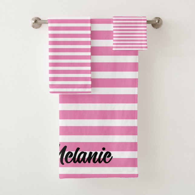 Custom Name Stripes Pattern Pink White Girly Cute Bath Towel Set (Insitu)