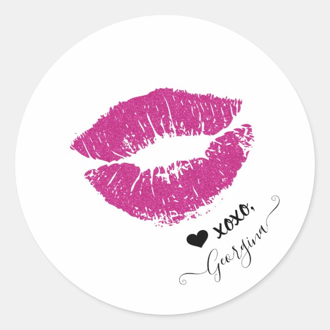 Custom Name Stylish Girl Pink Kiss Lips  Heart Classic Round Sticker (Front)
