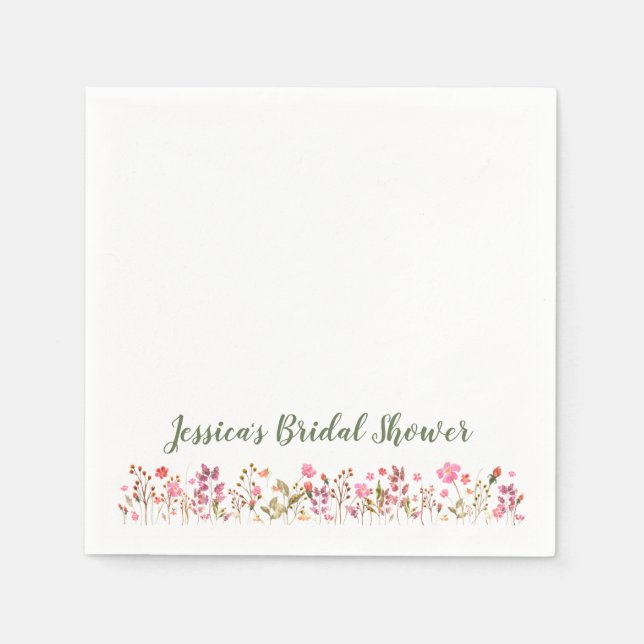 Custom Name Stylish Pink Wildflowers Bridal Shower Napkin (Front)