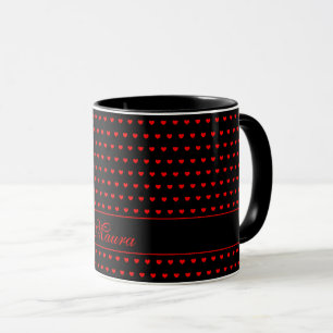 Custom Name, Stylish Red Hearts Pattern On Black Mug