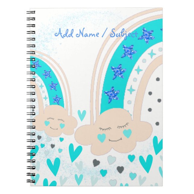 Custom Name/Subject Cute Rainbow & Hearts Notebook (Front)