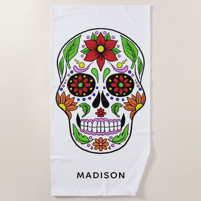 Custom name Sugar Skull beach towel (Front)