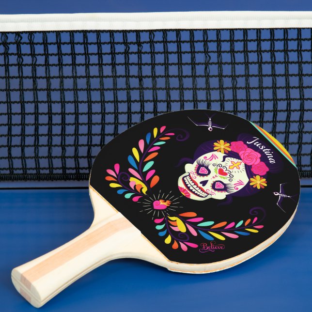 Custom name Sugarskull Day of the Dead Halloween Ping Pong Paddle (Insitu)