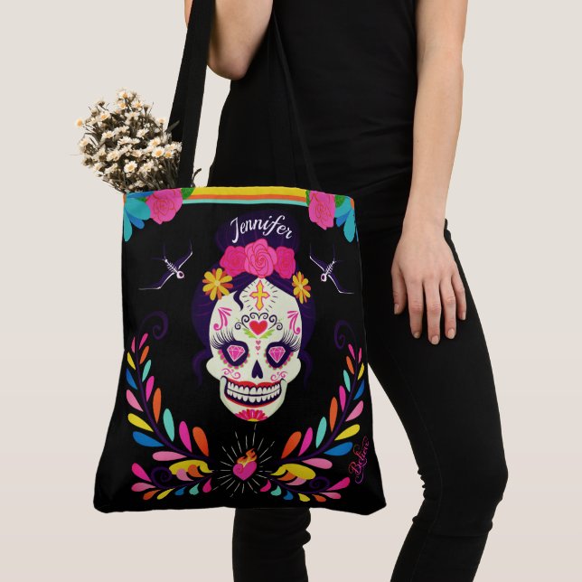 Custom name Sugarskull Day of the Dead Halloween Tote Bag (Close Up)