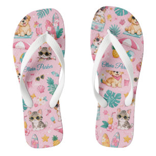 Custom Name Summer Pets Flip Flops Cute Dog & Cat