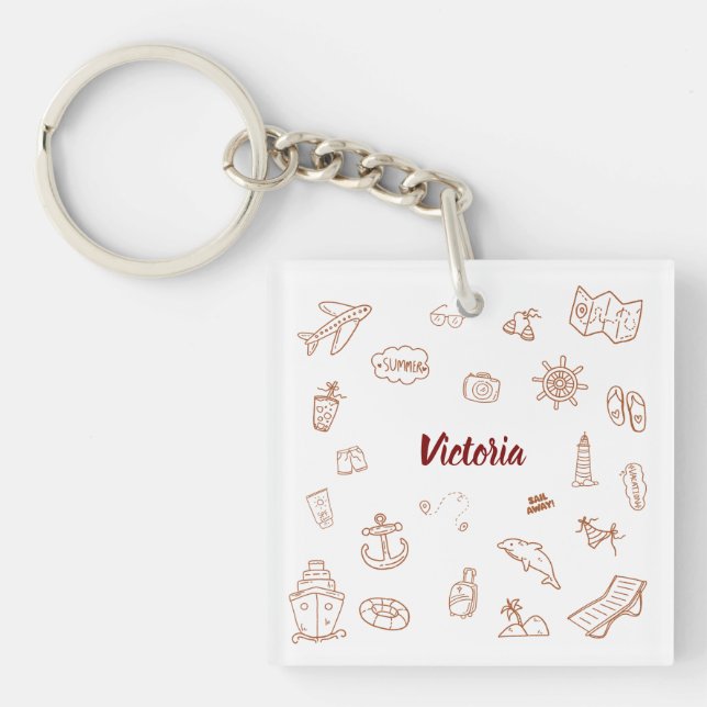 Custom Name Summer Vacation Doodle  Key Ring (Front)