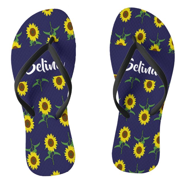 Custom name sunflowers on blue flip flops (Footbed)