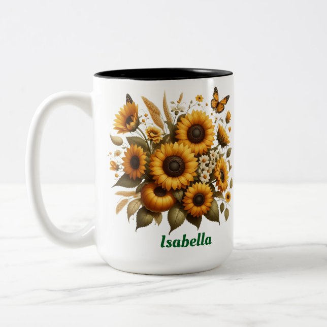 Custom name, sunflowers Two-Tone coffee Mug, 15 oz Two-Tone Coffee Mug (Left)