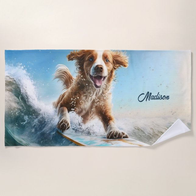 Custom Name Surfing Dog Beach Towel (Front)