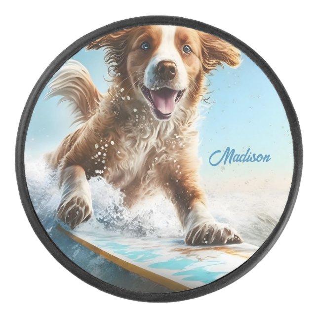 Custom Name Surfing Dog Hockey Puck (Front)