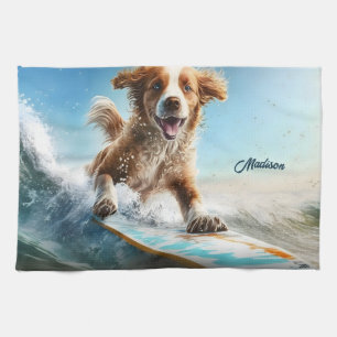 Custom Name Surfing Dog Tea Towel