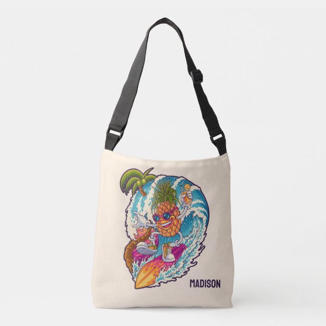 Custom Name Surfing Pineapple Crossbody Bag (Front)