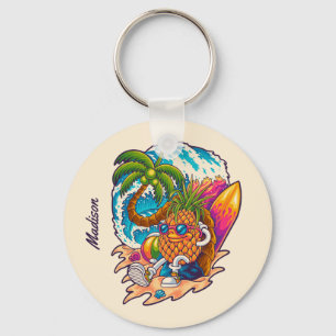 Custom Name Surfing Pineapple Key Ring