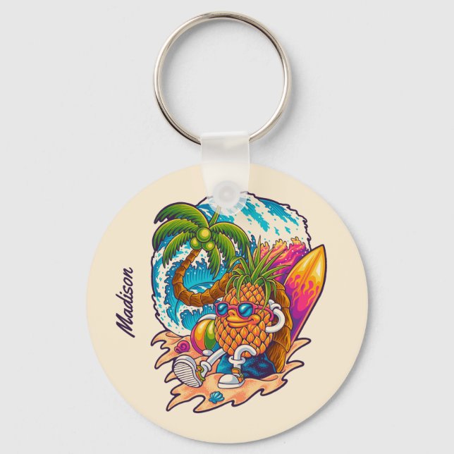 Custom Name Surfing Pineapple Key Ring (Back)