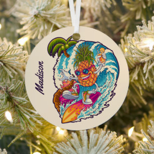 Custom Name Surfing Pineapple Metal Tree Decoration