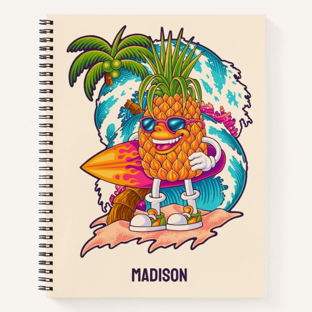 Custom Name Surfing Pineapple Notebook (Front)