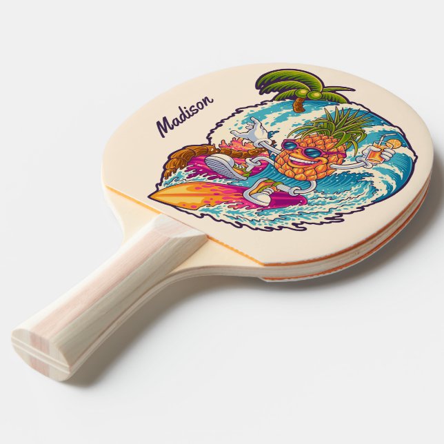 Custom Name Surfing Pineapple Ping Pong Paddle (Front Angle)