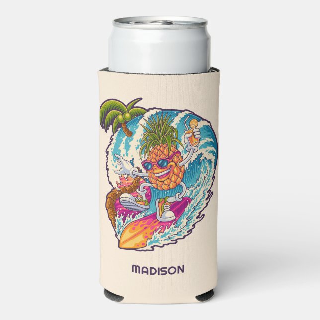 Custom Name Surfing Pineapple Seltzer Can Cooler (Seltzer Back)