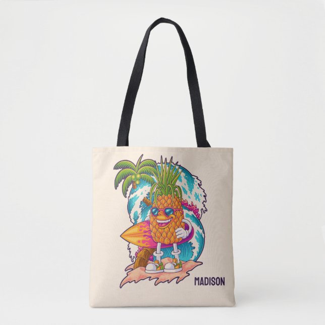 Custom Name Surfing Pineapple Tote Bag (Front)
