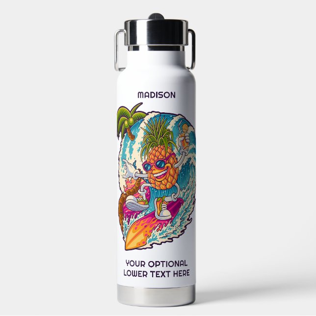 Custom Name Surfing Pineapple Water Bottle (Front)