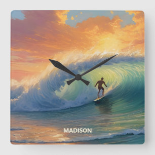 Custom Name Surfing Square Wall Clock