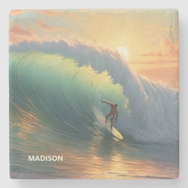 Custom Name Surfing Stone Coaster (Front)