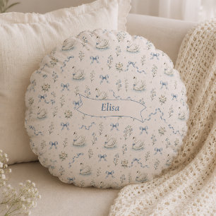 Custom Name Swan Lake Cottagecore Vintage Bow Gift Round Cushion