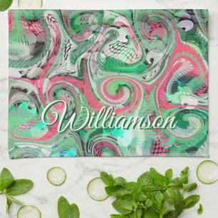 Custom Name Swirl Green Red Whimsical Abstract Tea Towel