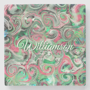 Custom Name Swirl Whimsical Abstract Green Red Stone Coaster