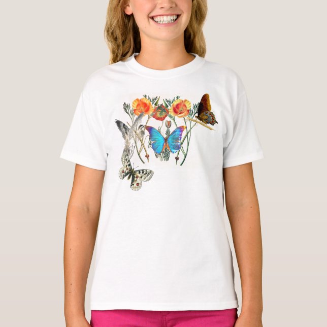 CUSTOM NAME T-SHIRT FOR GIRLS BUTTERFLIES & POPPY (Front)