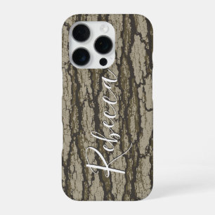 Custom Name Tag Oak Tree Bark Camo iPhone 16 Pro Case