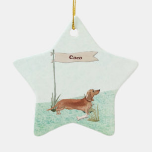 Custom Name Tan Dachshund Pet Dog Ceramic Tree Decoration