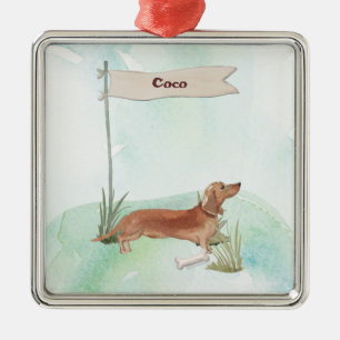 Custom Name Tan Dachshund Pet Dog Metal Tree Decoration