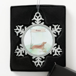 Custom Name Tan Dachshund Pet Dog Snowflake Pewter Christmas Ornament