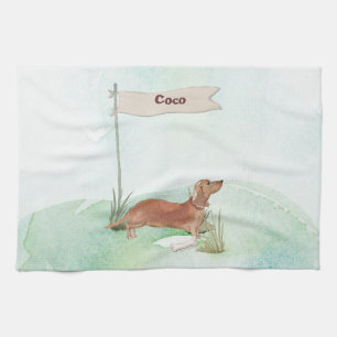 Custom Name Tan Dachshund Pet Dog Tea Towel