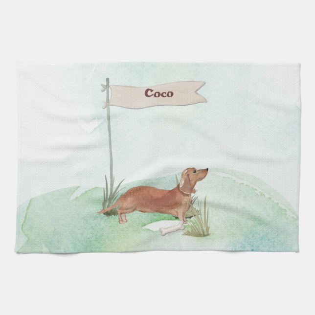Custom Name Tan Dachshund Pet Dog Tea Towel (Horizontal)