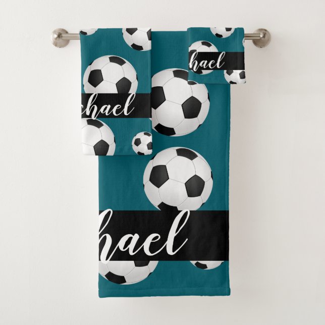 Custom Name Teal Blue Soccer Ball Towel (Insitu)