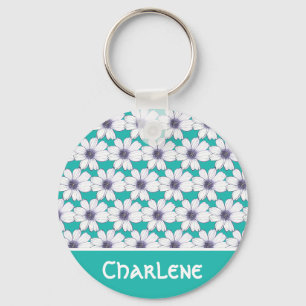 Custom Name Teal flower pattern Button Key Ring