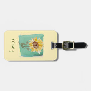 Custom Name Teal Watercolor Sunflower Luggage Tag