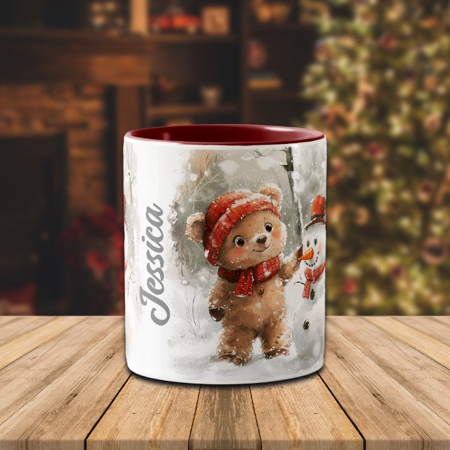Custom Name Teddy Bear and Snowman Two-Tone Coffee Mug (Creator Uploaded)