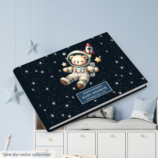 Custom Name Teddy Bear Astronaut Boy Baby Shower Guest Book (Custom Name Teddy Bear Astronaut Boy Baby Shower Guest Book)